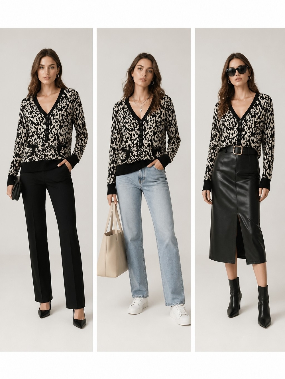 OP Leopard Print V-Neck Button Cardigan - Black & Gray Hoodie